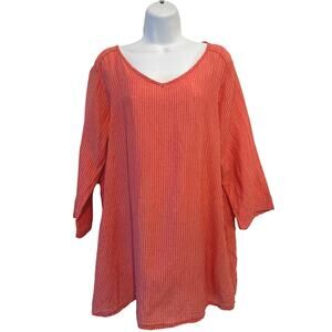 Flax 100% Linen Coral & Pink Striped 3/4 Sleeve V Neck Tunic SM EUC